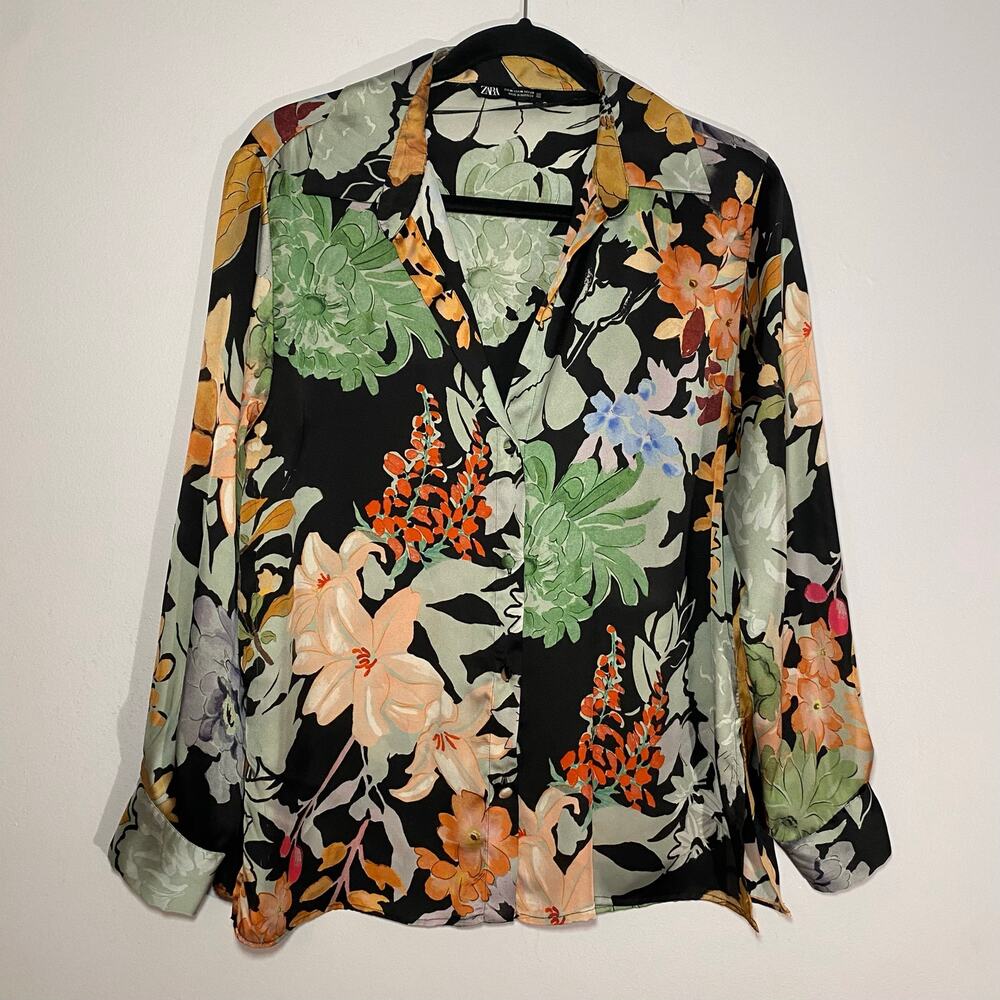 Zara Black Orange Green Floral Silky Button Down Blouse Women's size Medium